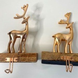Pair of Rose Gold Brass Christmas Stocking Reindeer Hanger